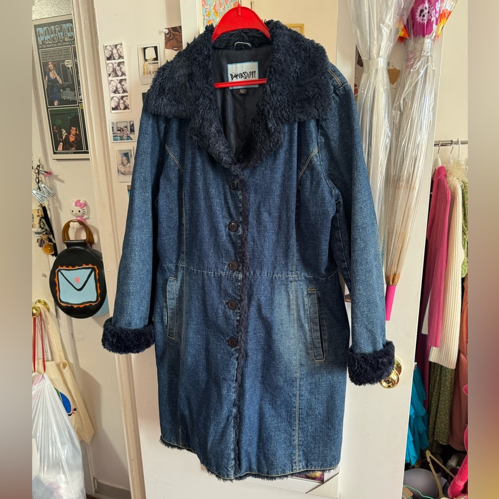 90s y2k penny lane denim jacket “Bombshell” with faux fur trim